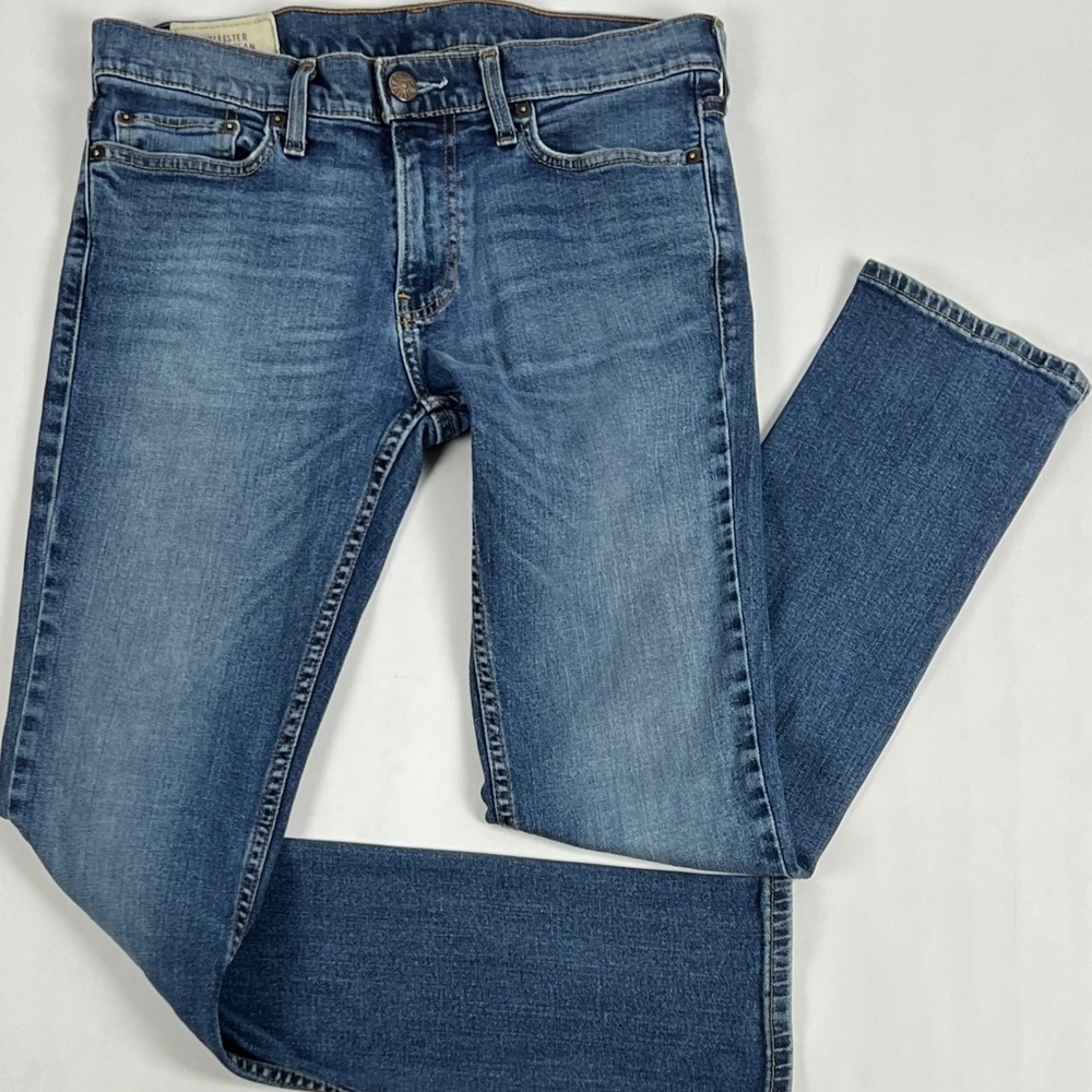 Hollister Mens Jeans 30 x 30 Blue Skinny Jean Med Wash Whiskers (31 x 28.5)